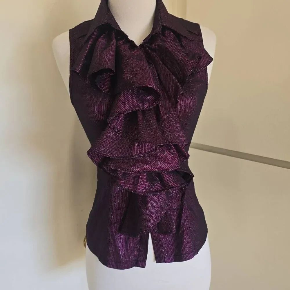 MOA Clothing Purple Lamé Ruffle Front Collared Button Up Blouse, Slvls, NWOT,M